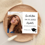 Simple modern photo Graduation Save The Date<br><div class="desc">A photo Save the date card for a graduation. On front: Add your own vertical size photo of the graduate. A chic white background, black text. Templates for a name and date. The name and the text: Save the Date are written with a modern hand lettered style script. With a...</div>