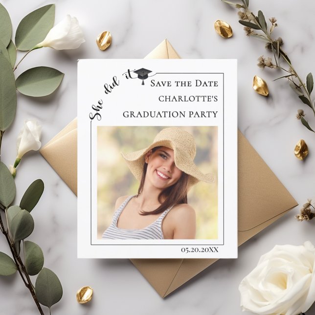 Simple modern photo Graduation Save the Date card (Creator Uploaded)