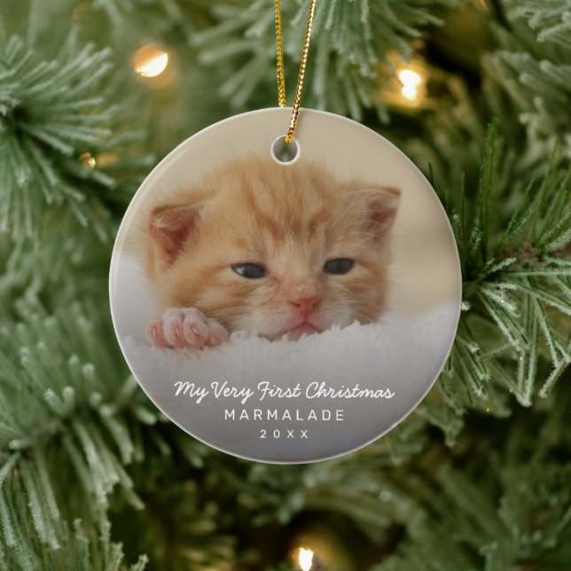 Simple Modern Photo Kitten Cat First Christmas Ceramic Ornament (Tree)
