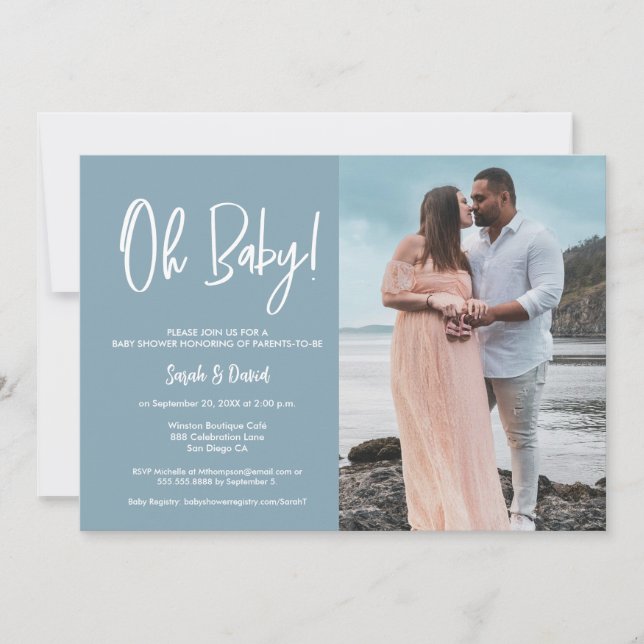Simple Modern Photo Oh Baby Blue Couple Shower Invitation (Front)