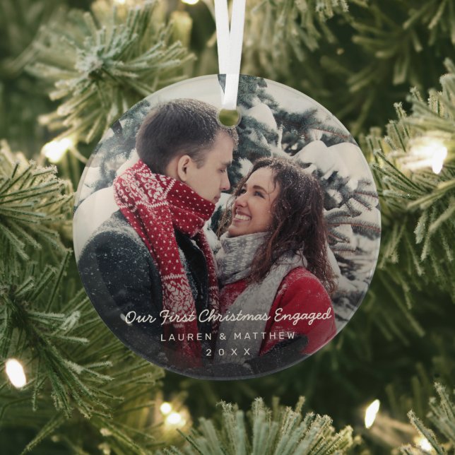 Simple Modern Photo Our First Christmas Engaged Glass Tree Decoration (Insitu)