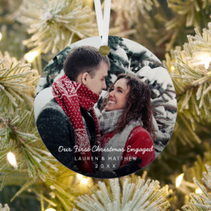 Simple Modern Photo Our First Christmas Engaged Metal Tree Decoration