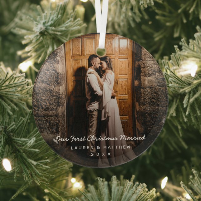 Simple Modern Photo Our First Christmas Newlywed Glass Tree Decoration (Insitu)
