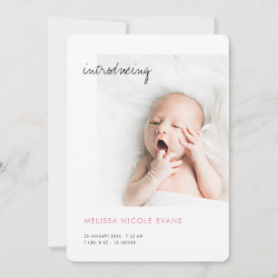 Simple Modern Photo Pink Baby Girl Birth Announcement