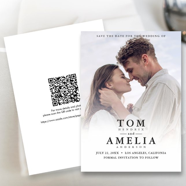 Simple Modern Photo Save The Date QR Code Wedding Invitation (The QR code makes it easy for guests to visit your website for more details about your wedding.)