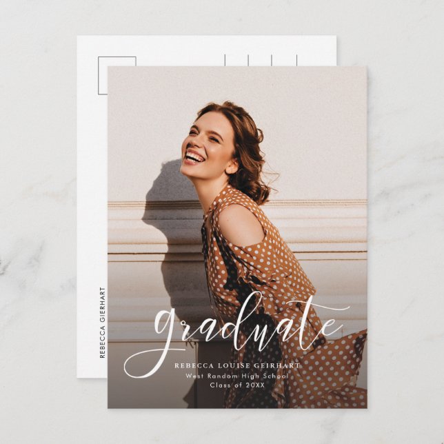 Simple Modern Photo Script Graduation Announcement Postcard (Front/Back)