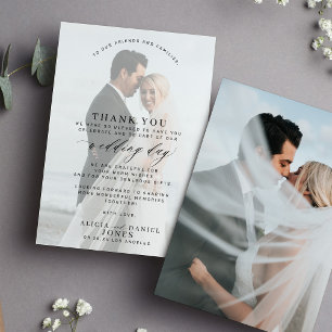 Simple modern photo script overlay wedding thank you card