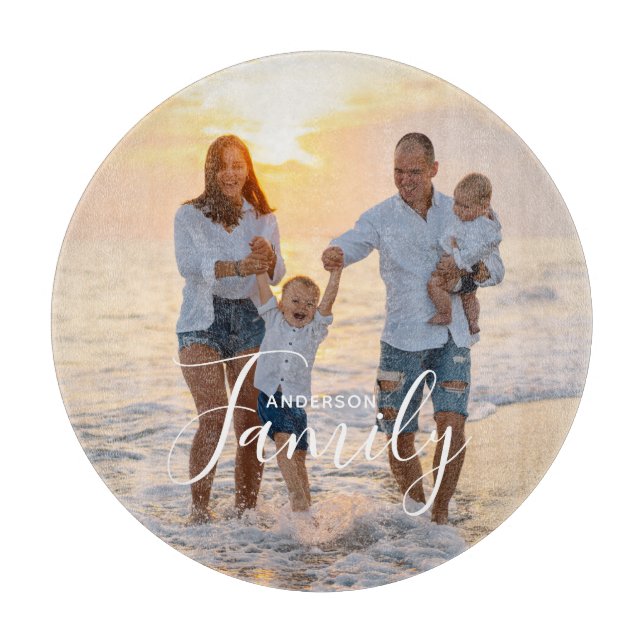 Simple Modern Photo Template Custom Family Name Cutting Board (Front)