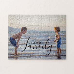 Simple Modern Photo Template Custom Family Name Jigsaw Puzzle