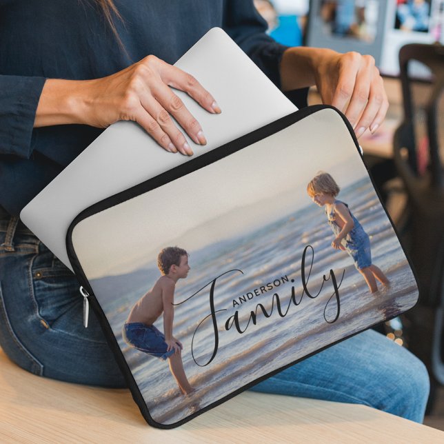 Simple Modern Photo Template Custom Family Name Laptop Sleeve (Creator Uploaded)