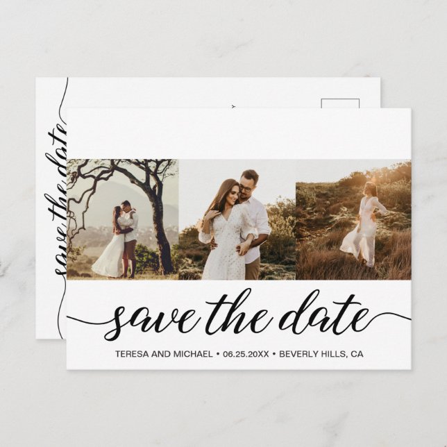 Simple Modern Photos Save the Date Script Wedding Postcard (Front/Back)