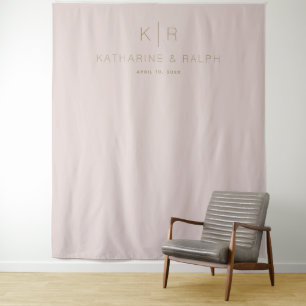 Simple Modern Pink Beige Monogram Wedding Backdrop Tapestry