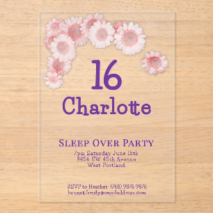 Simple Modern Pink Daisy 16th Birthday Party  Acrylic Invitations
