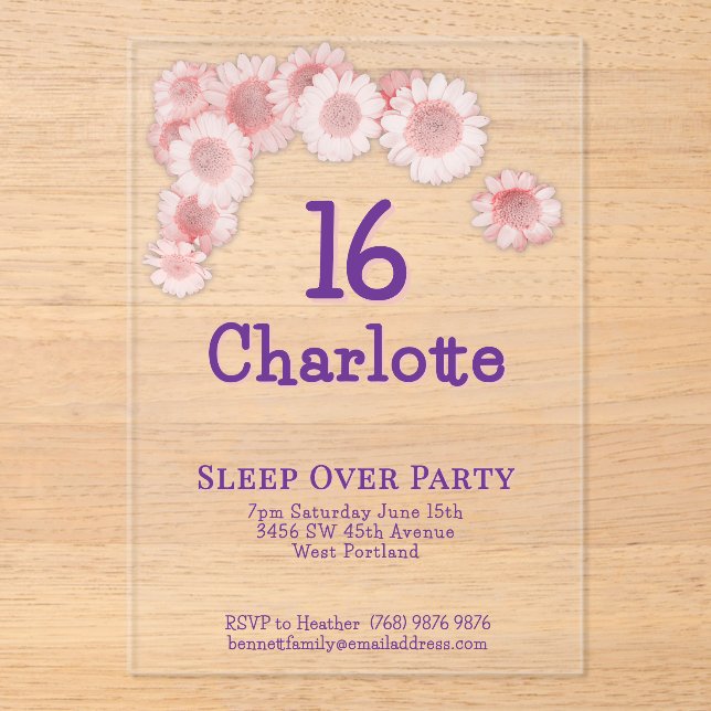Simple Modern Pink Daisy 16th Birthday Party  Acrylic Invitations (Front)