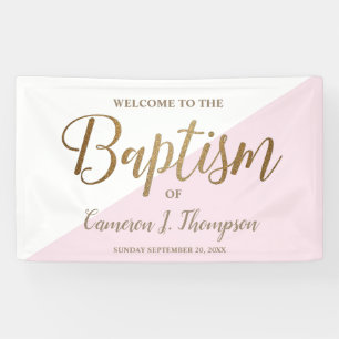 Simple Modern Pink Gold Script Baby Baptism Banner