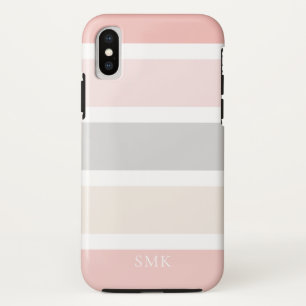 Simple Modern Pink Grey Cream Stripes Monogram iPhone XS Case