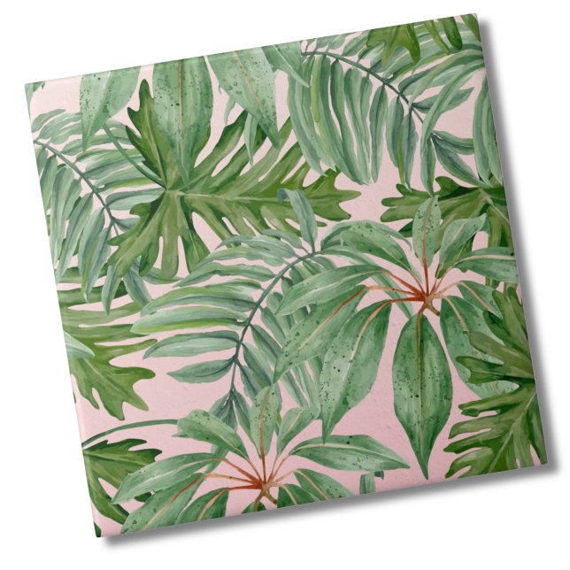 Simple Modern Pink Palm Leaf Tropical Floral  Ceramic Tile (Chic Trendy Stylish Tropical Floral Pink Palm Leaf ceramic tile)