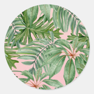 Simple Modern Pink Palm Leaf Tropical Floral  Classic Round Sticker