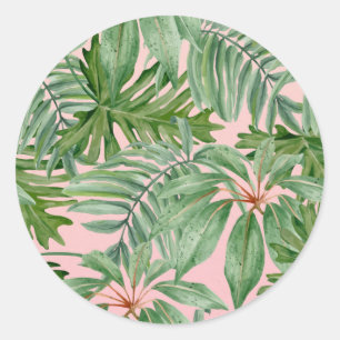 Simple Modern Pink Palm Leaf Tropical Floral  Classic Round Sticker