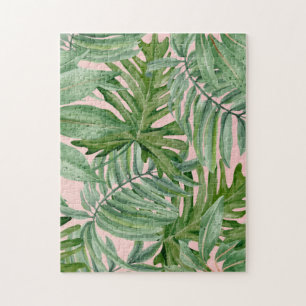 Simple Modern Pink Palm Leaf Tropical Floral  Jigsaw Puzzle