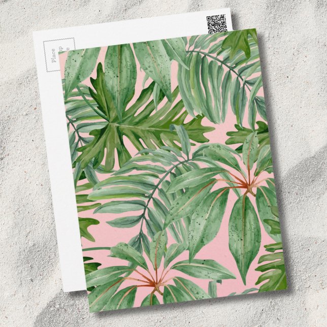 Simple Modern Pink Palm Leaf Tropical Floral  Postcard (Pink Palm Leaf Floral Pattern Tropical Postcard)