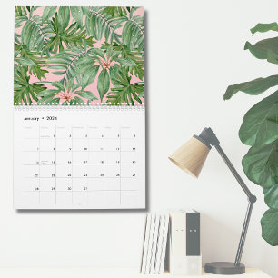 Simple Modern Pink Palm Tropical Leaves Wall Calendar