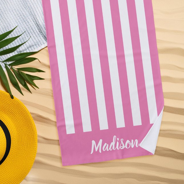 Simple Modern Pink White Stripes Monogram Beach Towel (Creator Uploaded)