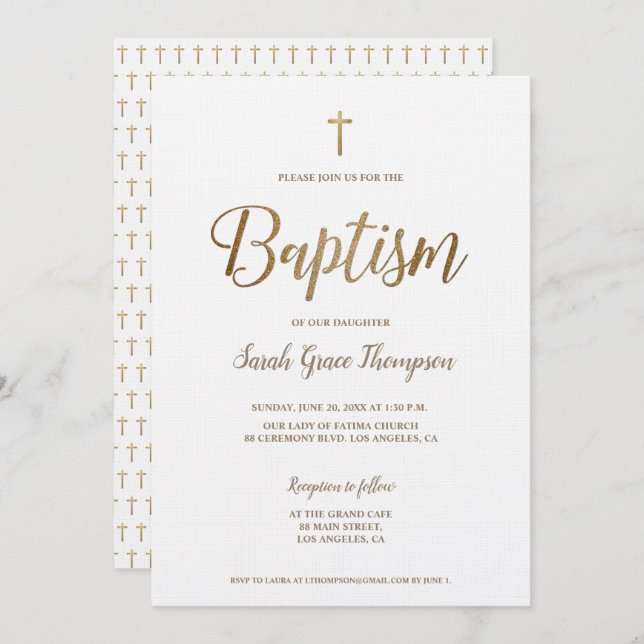 Simple Modern Pure White Gold Cross Girl Baptism Invitation (Front/Back)