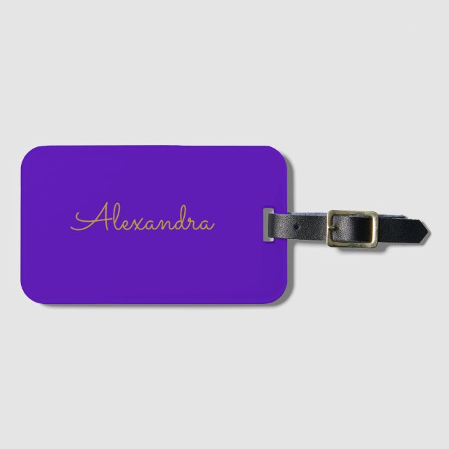 Simple Modern Purple Gold Script Luggage Tag (Front Horizontal)