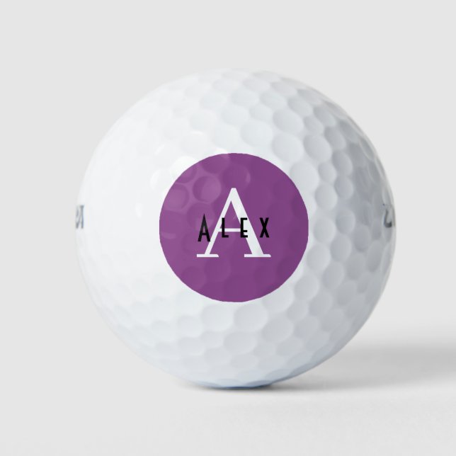Simple Modern Purple Monogram Name + Initial Golf Balls (Front)
