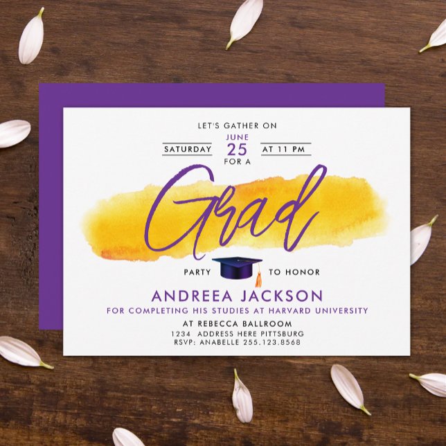 Simple Modern Purple Yellow Graduation Calligraphy Invitation (Creator Uploaded)