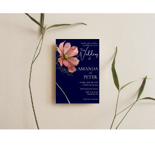 Simple Modern QR code Floral Navy Wedding  Invitation