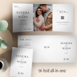 Simple modern QR code PHOTO elegant wedding Tri-Fold Invitation<br><div class="desc">Elegant trendy minimal bold bride and groom names typography script stylish budget affordable all in one tri fold wedding invitation with RSVP and DETAILS included, QR code to website, and your custom photo in simple black and white typography. Personalise with monogram bride and groom names' initials. The invitation is suitable...</div>