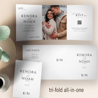 Simple modern QR code PHOTO elegant wedding Tri-Fold Invitation