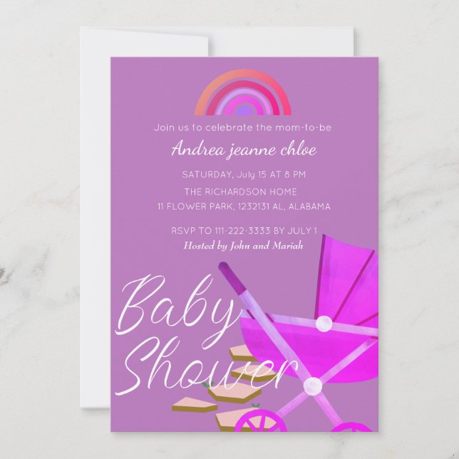 Simple Modern Rainbow pink stroller Baby Shower Invitation (Front)