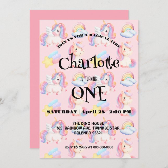 Simple Modern Rainbow unicorn birthday party Save The Date (Front/Back)