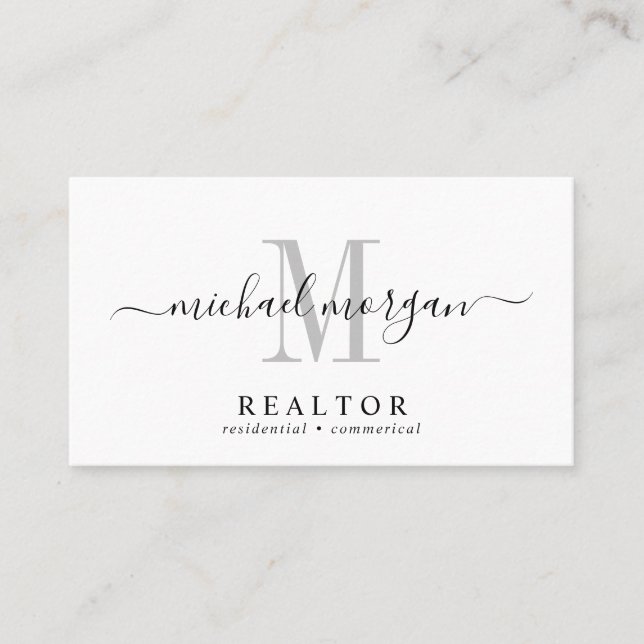 Simple Modern Realtor Script Monogram Business Card (Front)