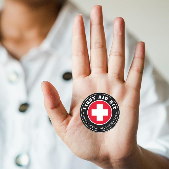 Simple Modern Red Cross First Aid Black Medical  Classic Round Sticker (Creator Uploaded)