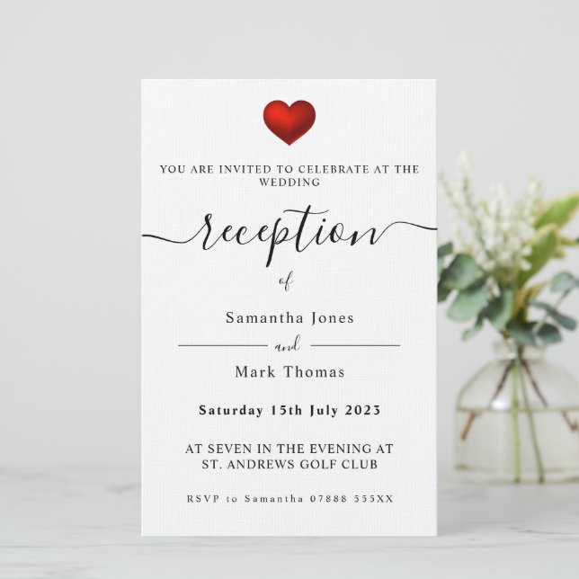 Simple Modern Red Heart Reception Invitation Stationery (Standing Front)