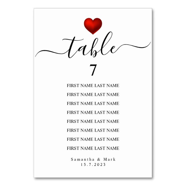 Simple Modern Red Heart White Wedding Table Number (Front)