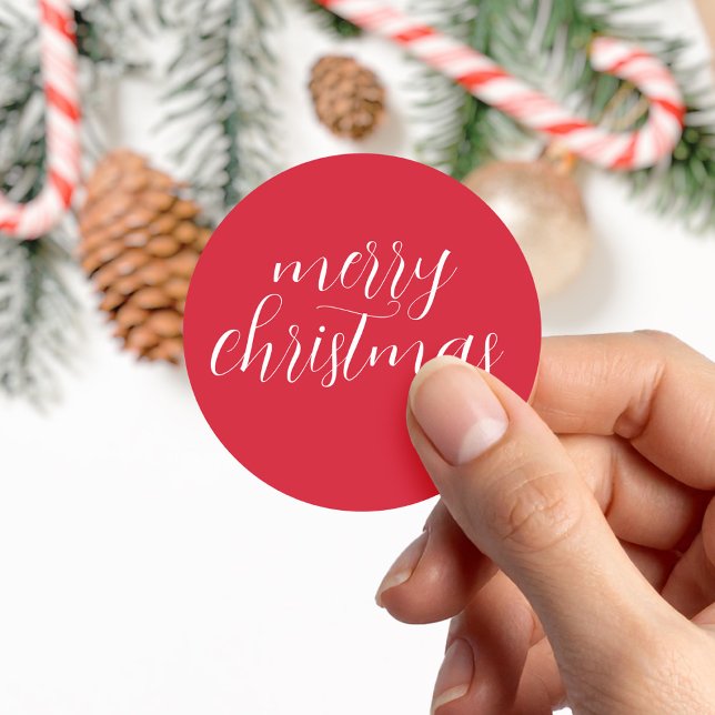 Simple Modern Red Merry Christmas Classic Round Sticker (Creator Uploaded)