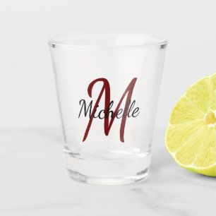 Simple Modern Red Monogrammed Name + Initial Shot Glass