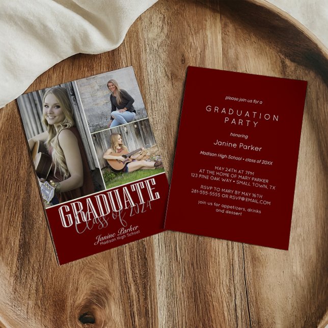 Simple Modern Red Photo Graduation Party Invitation (Creator Uploaded)