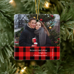 Simple Modern Red Plaid Christmas Family Photo Ceramic Ornament
