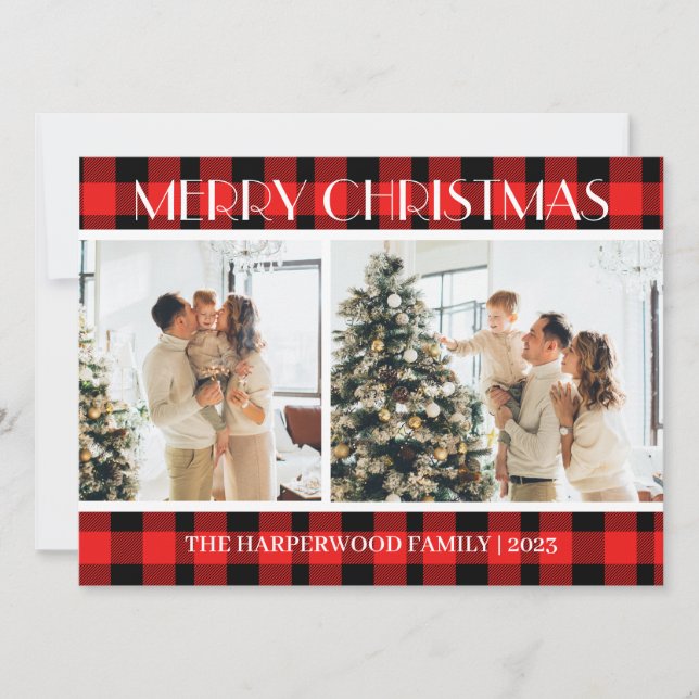 Simple Modern Red Plaid Christmas Family Two Photo Holiday Card (Front)