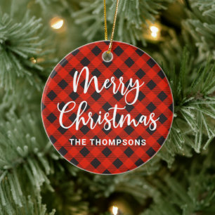 Simple Modern Red Plaid Merry Christmas Ceramic Ornament
