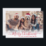 Simple Modern Red Script 2 Photo Christmas Holiday Card<br><div class="desc">Modern Cute Minimalist Red Script 2 Photo Merry Christmas Script Holiday Card. This festive, simple minimalist, whimsical two photo holiday greeting card template features „Merry Christmas” greeting text which is written in a hand lettered swirly swash-tail font red calligraphy script photo overlay. On the back side with your greeting message...</div>