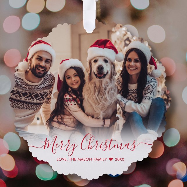 Simple Modern Red Script 2 Photo Christmas Tree Decoration Card (Creator Uploaded)