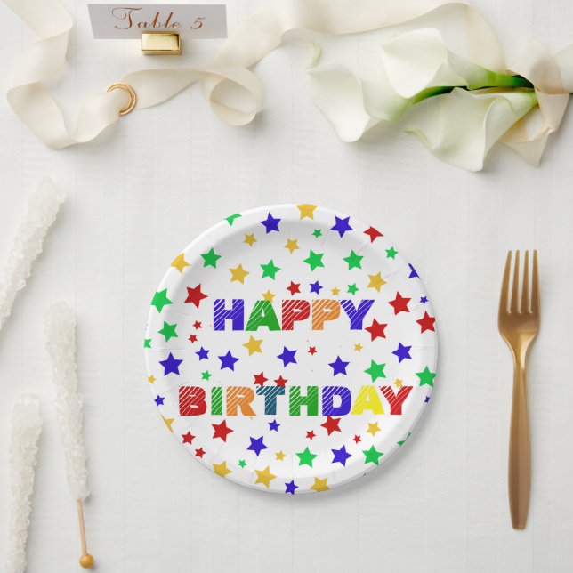 Simple Modern red Star colourful birthday party Paper Plate (Wedding)