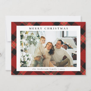 Simple Modern Red Tartan Plaid Photo Christmas Holiday Card